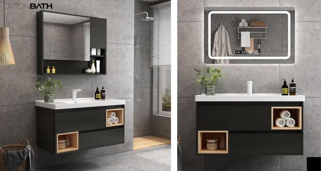 Ortonbath Modern Wall Mount Slat Ceramic Sink Bathroom Double Layer Wood Vanity Unit Cabinet Artificial Stone Bathroom Furniture with LED Mirror Cabinet