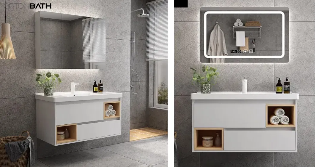 Ortonbath Modern Wall Mount Slat Ceramic Sink Bathroom Double Layer Wood Vanity Unit Cabinet Artificial Stone Bathroom Furniture with LED Mirror Cabinet